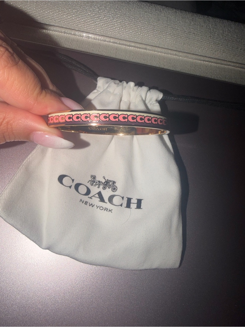 Coach Pink Enamel Signature C Gold-Tone Bangle Bracelet